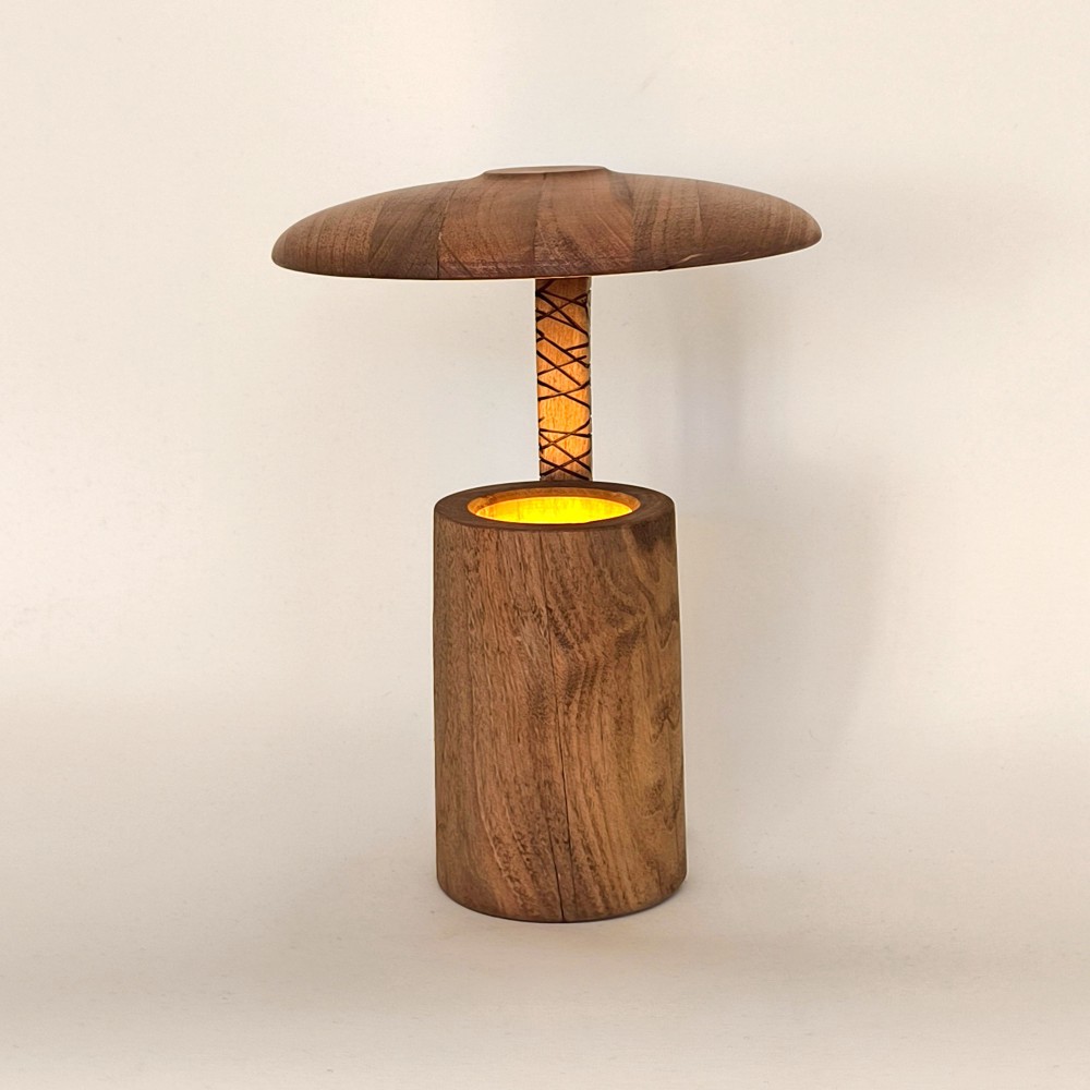 Noctis Masa Lambası, tamamı masif ceviz ahşap, organik modern tasarımlı heykelsi masa aydınlatması